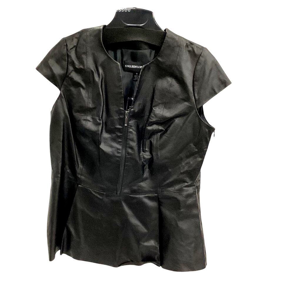 Vintage Colleen Lopez Black Leather Peplum Top Zip Size 12
